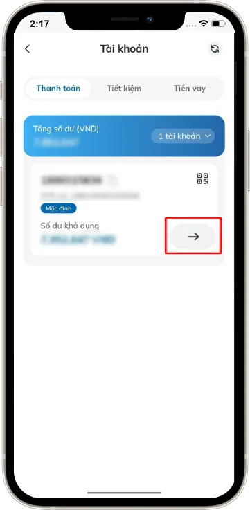 Bước 2: Ở mục Số dư khả dụng » Chọn mũi tên
